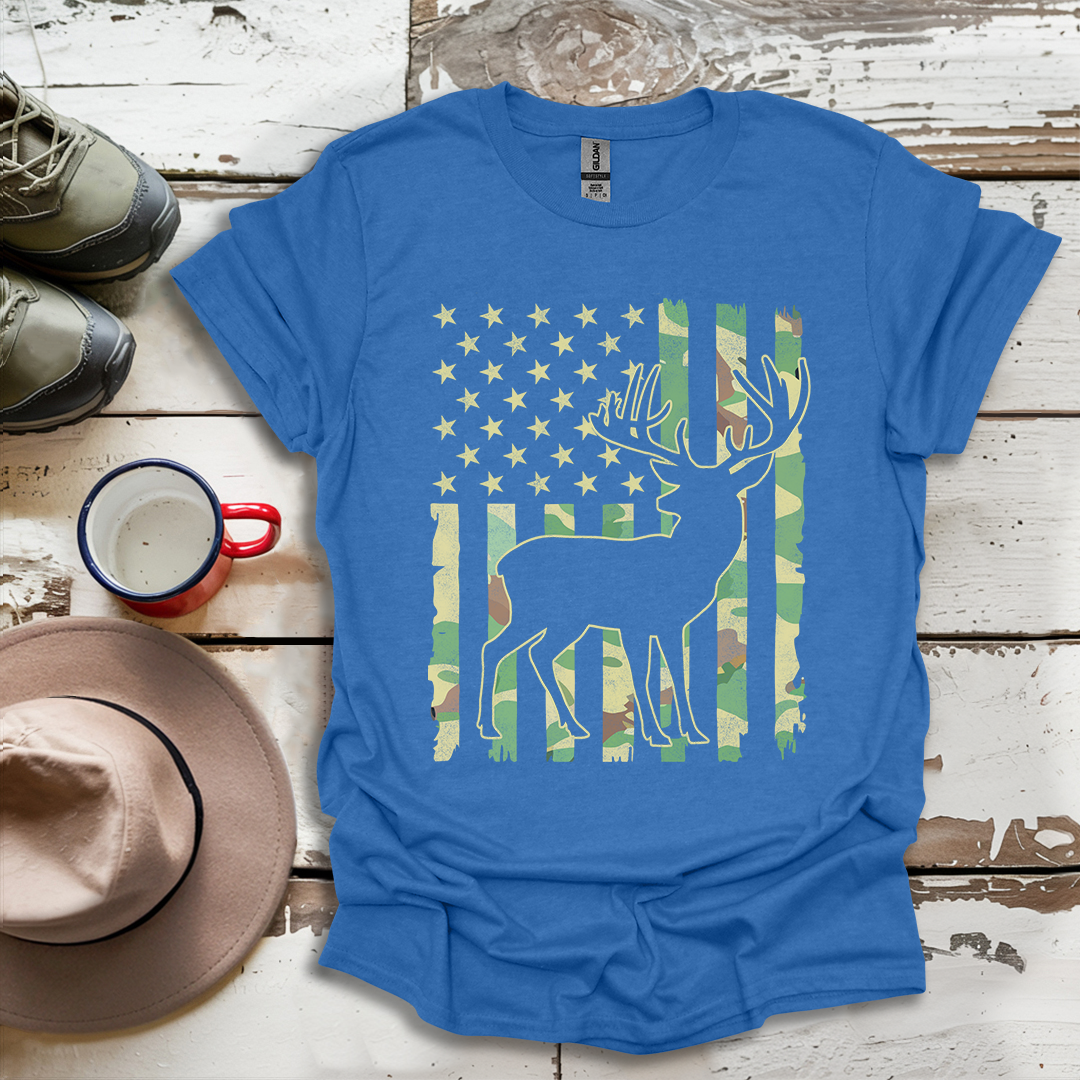 Deer Elk Buck Hunting Hunter Camo US Flag Dad T-Shirt