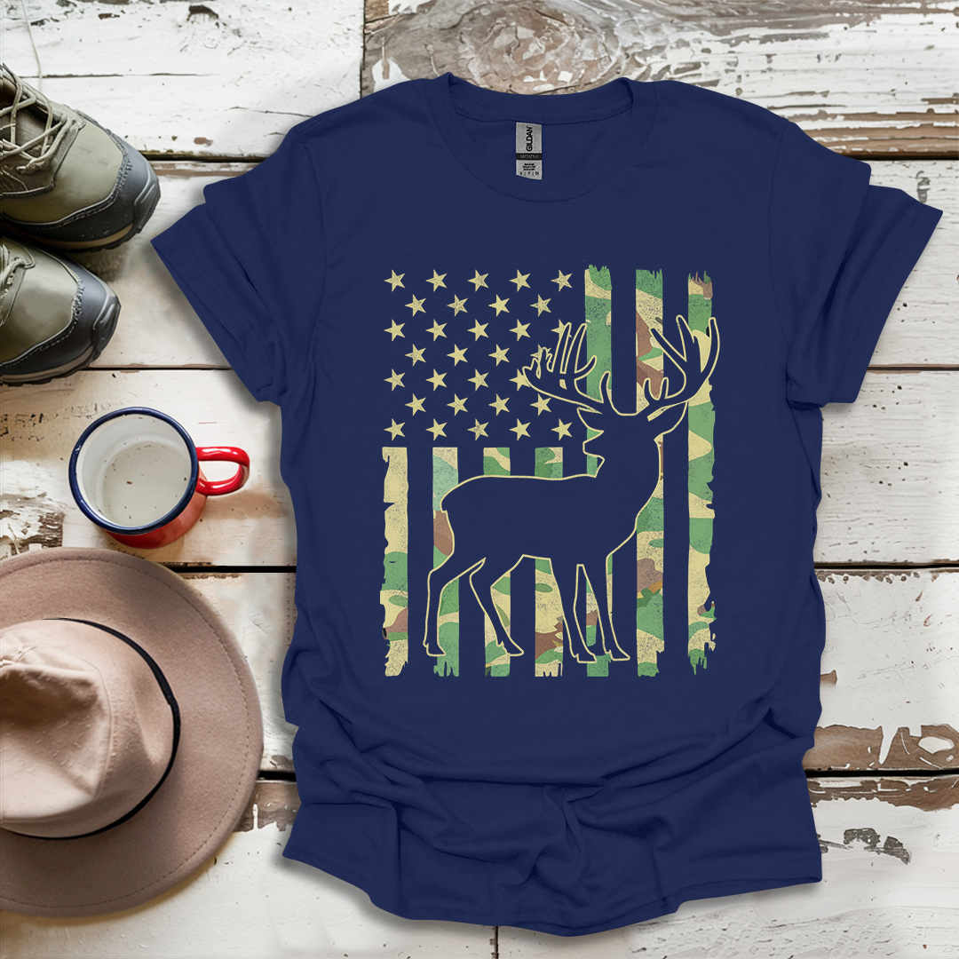 Deer Elk Buck Hunting Hunter Camo US Flag  Dad T-Shirt