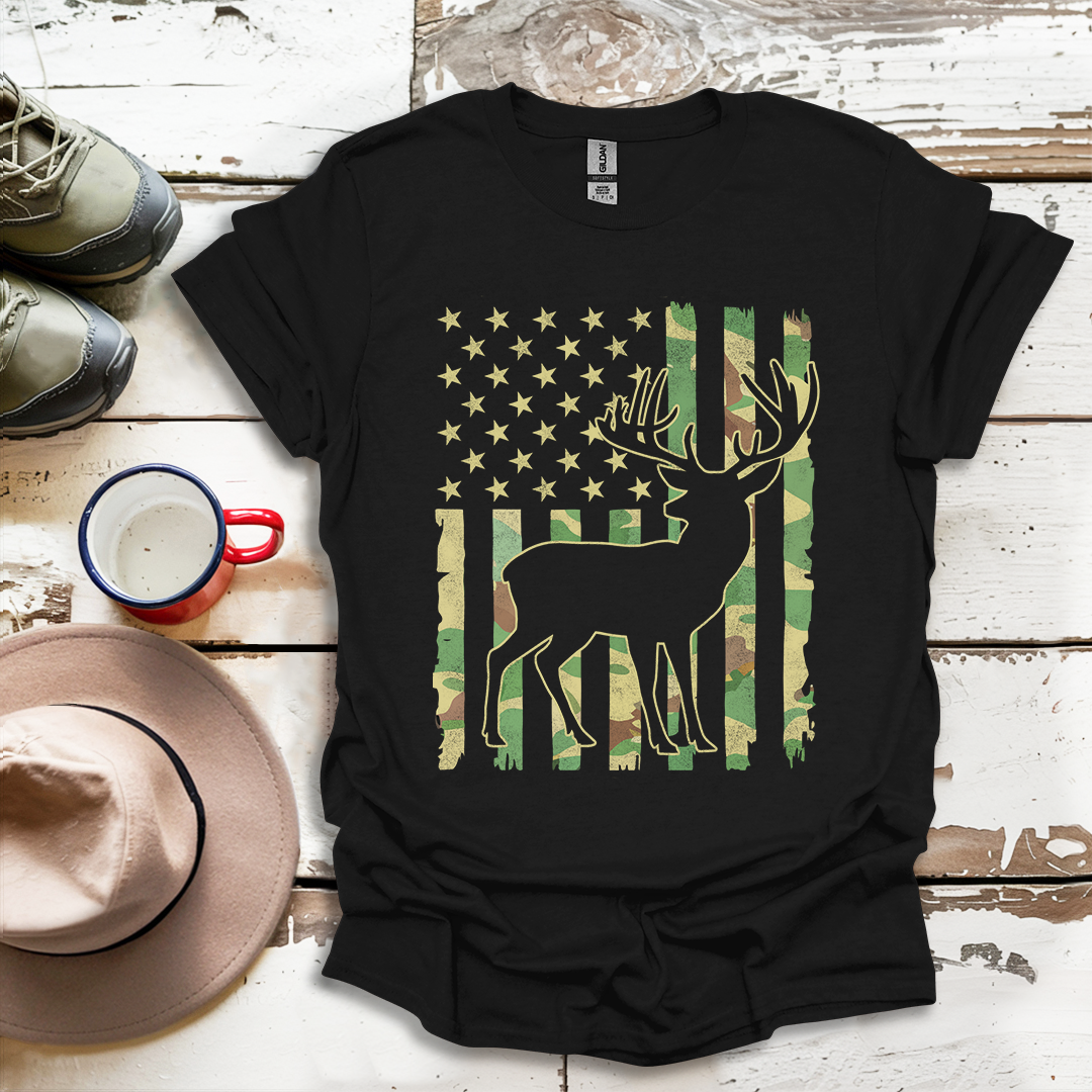 Deer Elk Buck Hunting Hunter Camo US Flag  Dad T-Shirt